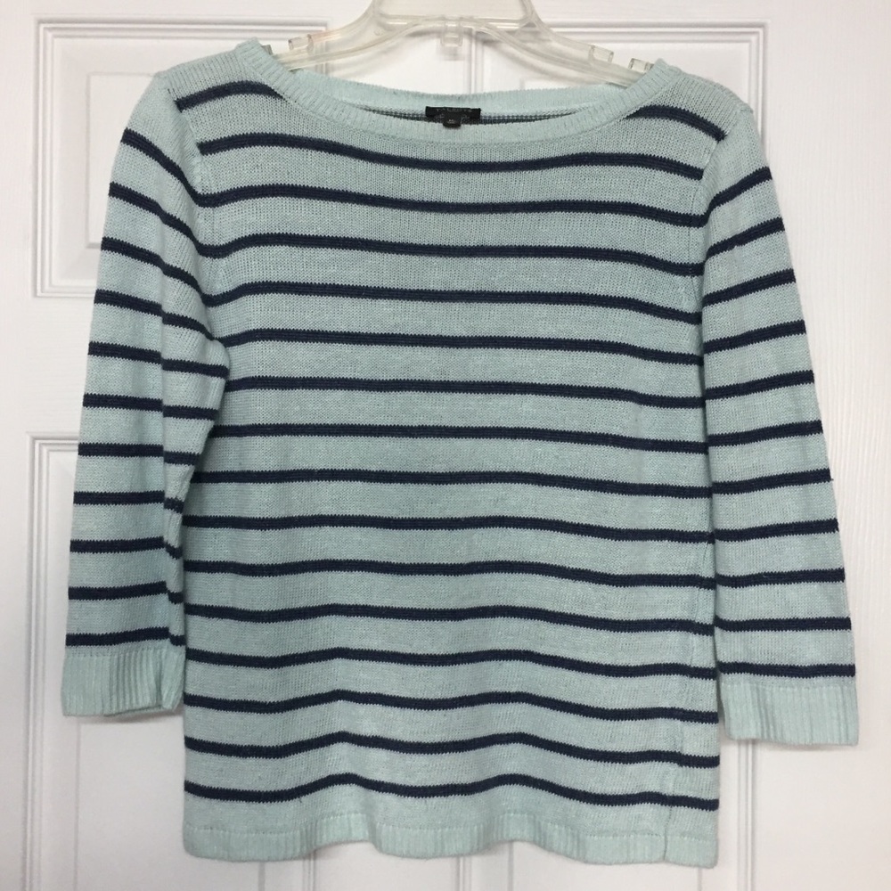 Talbots 100% Linen Mint and Navy Striped Lightweight Soft Sweater Coastal Sz MP